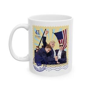 Trump 47c Assassination Defiance Cartoon Art II Postage Stamp - Ceramic Mug